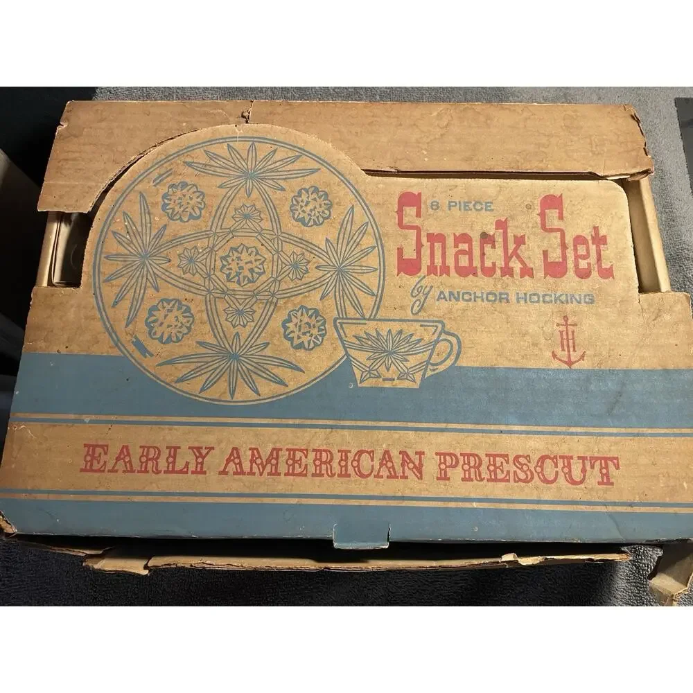 Vintage Anchor Hocking Early American Prescut 8 Pc Snack Set w/ Box EAPC